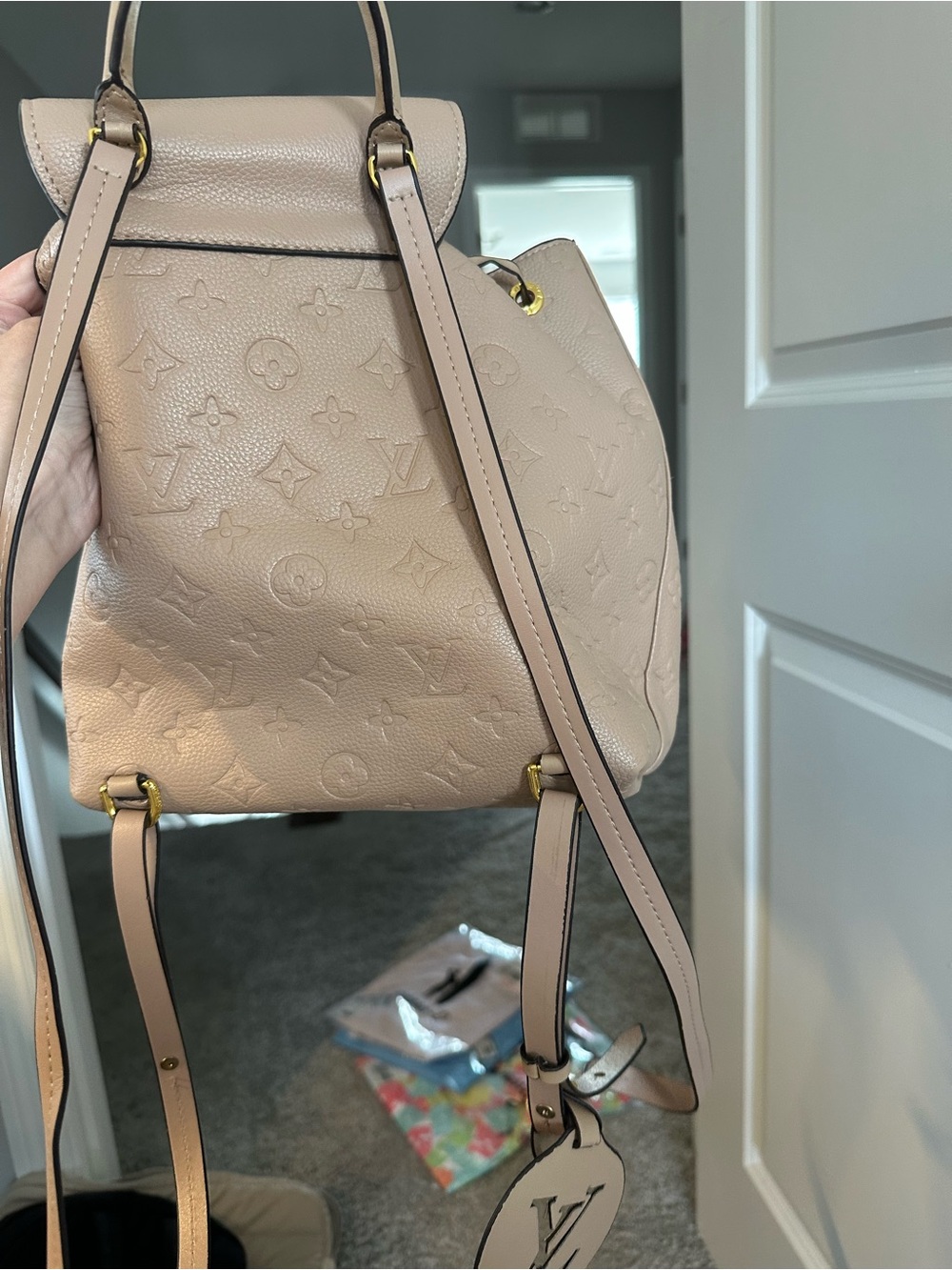 Beige Monogram Embossed Backpack with Gold Hardware - Picture 5 of 6